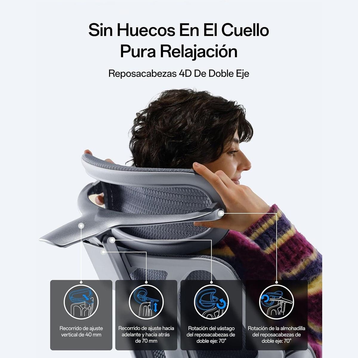 Mujer apoyando la cabeza en el cabecero 4D de doble eje