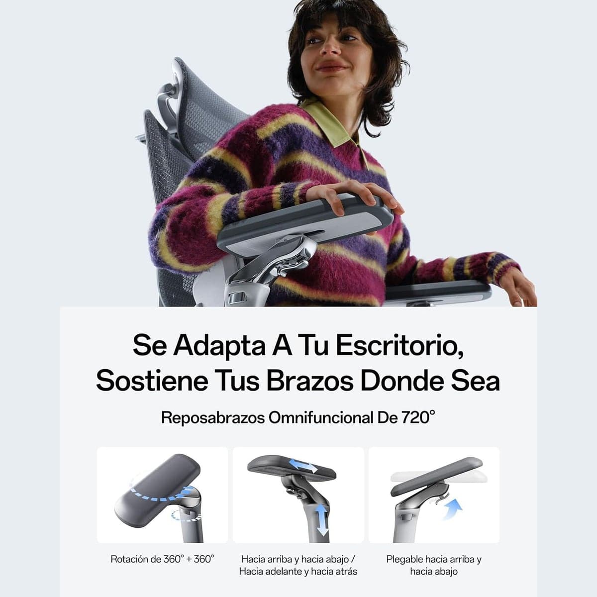 Mujer apoyando el brazo en el reposabrazos regulable 720°