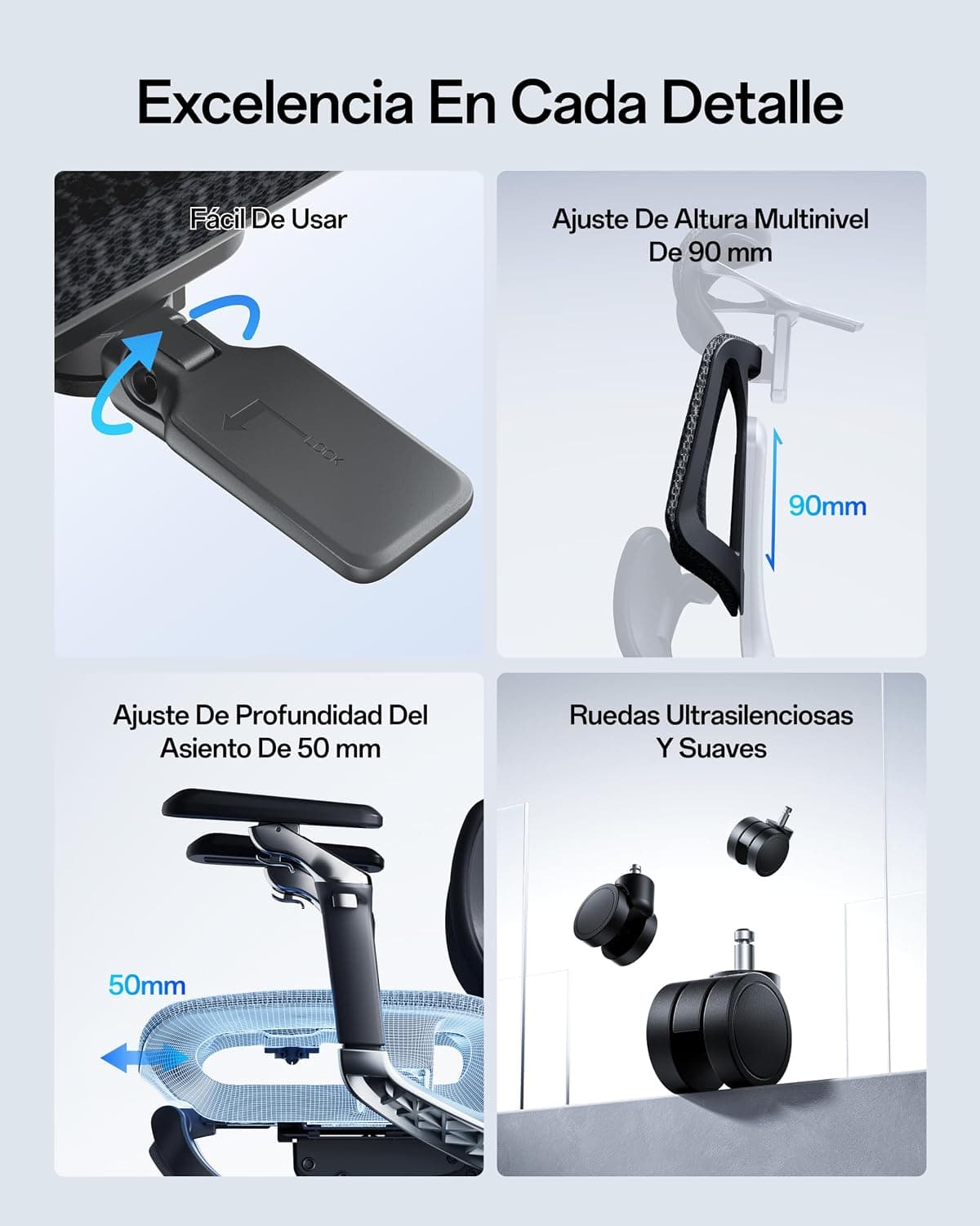 Detalle de los ajustes de altura, profundidad y ruedas de la silla negra