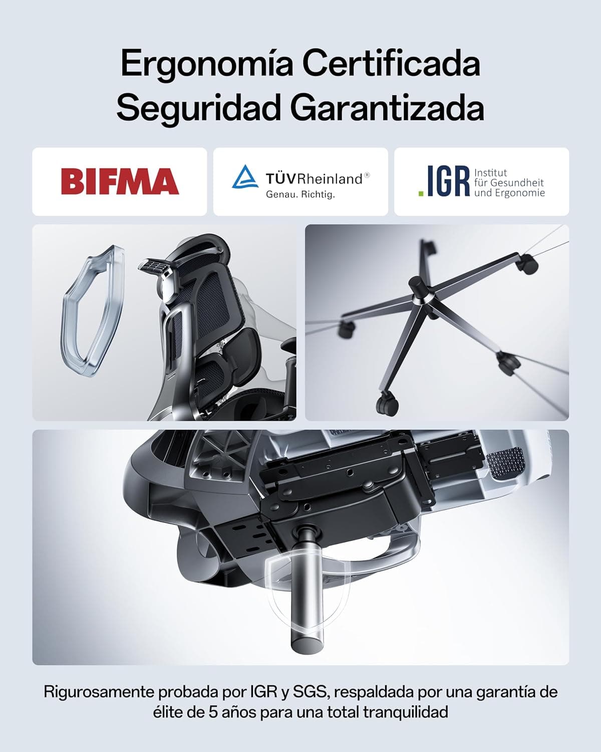 Sellos BIFMA, TÜV Rheinland e IGR junto a piezas de la silla negra