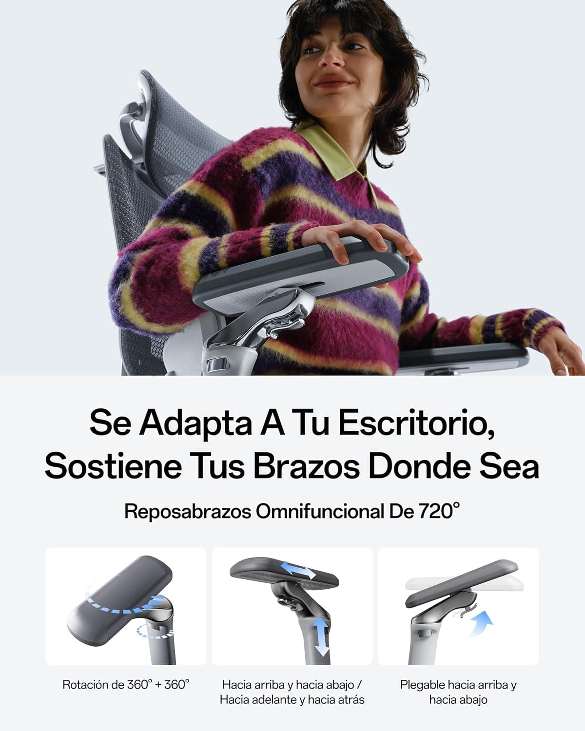 Mujer apoyando el antebrazo en el reposabrazos giratorio